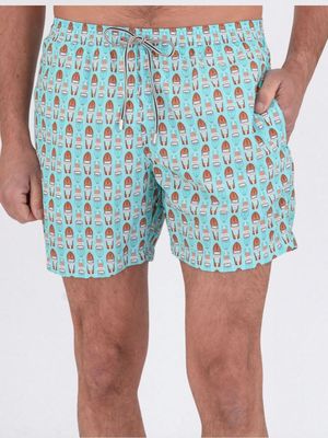 1. Nylon short swimsuit with a boat on water pattern Waterfall