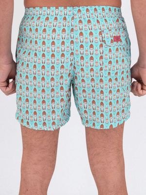 3. Nylon short swimsuit with a boat on water pattern Waterfall