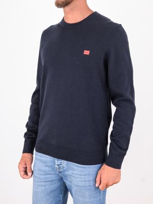 2. Pull col rond en pur coton HUGO pour homme avec logo Bleu
