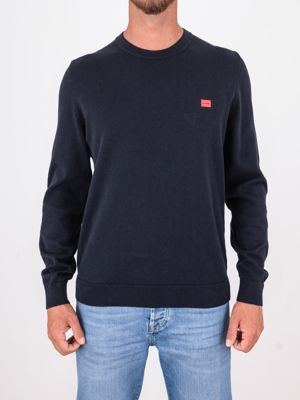 HUGO Men's Pure Cotton Crew Neck Sweater with Logo Blue Hugo