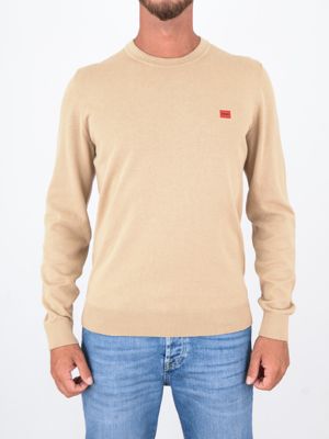 Pull col rond en pur coton HUGO pour homme avec logo Beige Hugo