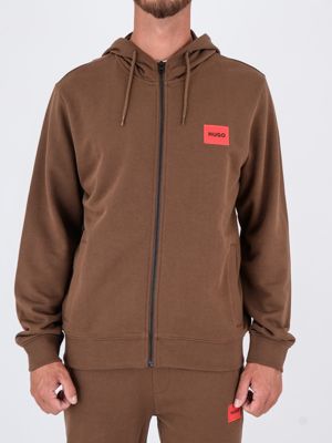 Felpa con Cappuccio Uomo HUGO in Cotone con Zip e Logo Patch Marrone Hugo