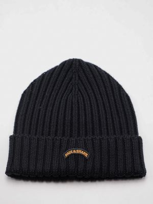 Paul&Shark Men's Wool Hat with Cuff and Sewn-On Logo Black PAUL & SHARK