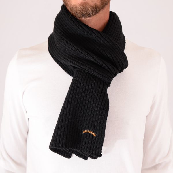 1. Paul&Shark Men's Ribbed Wool Scarf with Stitched Logo Black PAUL & SHARK 14317050