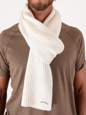Paul&Shark Men's Ribbed Wool Scarf with Stitched Logo Cream PAUL & SHARK