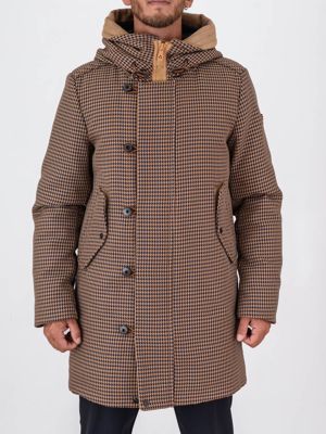 Peuterey men's long parka in houndstooth technical fabric with down padding Camel Peuterey