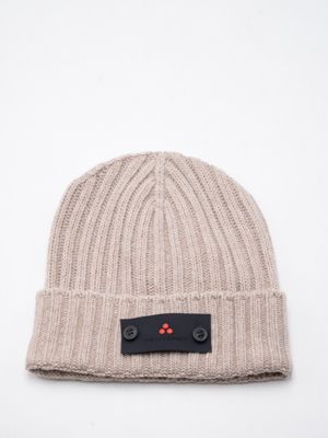 Cappello uomo Peuterey in misto cashmere a coste con logo e bottoncini Beige Peuterey
