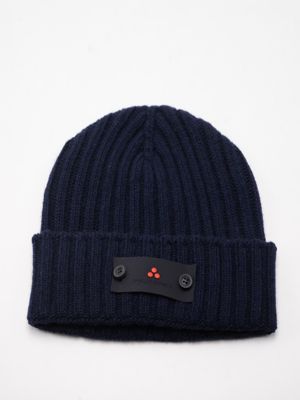 Cappello uomo Peuterey in misto cashmere a coste con logo e bottoncini Blu Peuterey