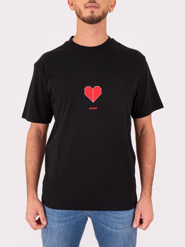Hugo Men's Cotton T-Shirt with Heart Graphic Black Hugo