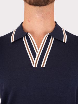 4. Polo Uomo Paolo Pecora in Seta con Scollo a V e Collo Classico Blu