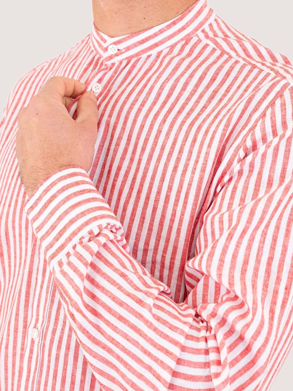 4. Men's Mandarin collar shirt with striped details in a cotton and linen blend Lobster Stripes MANUEL RITZ 4032e604l263200