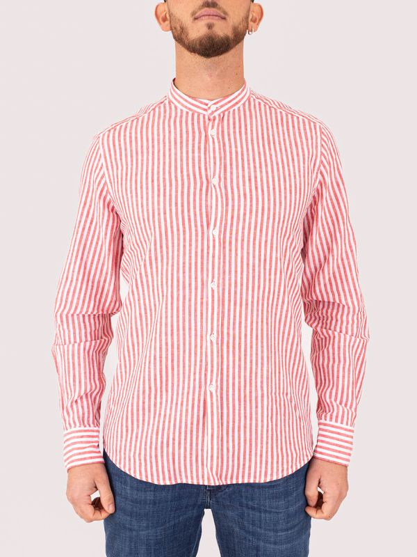 Men's Mandarin collar shirt with striped details in a cotton and linen blend Lobster Stripes MANUEL RITZ