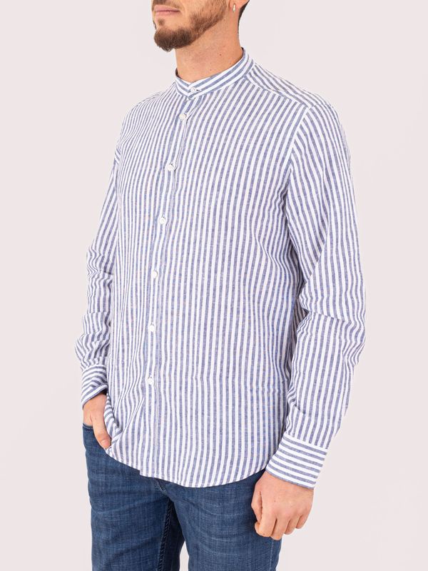 2. Men's Mandarin collar shirt with striped details in a cotton and linen blend Blue Stripes MANUEL RITZ 4032e604l263200