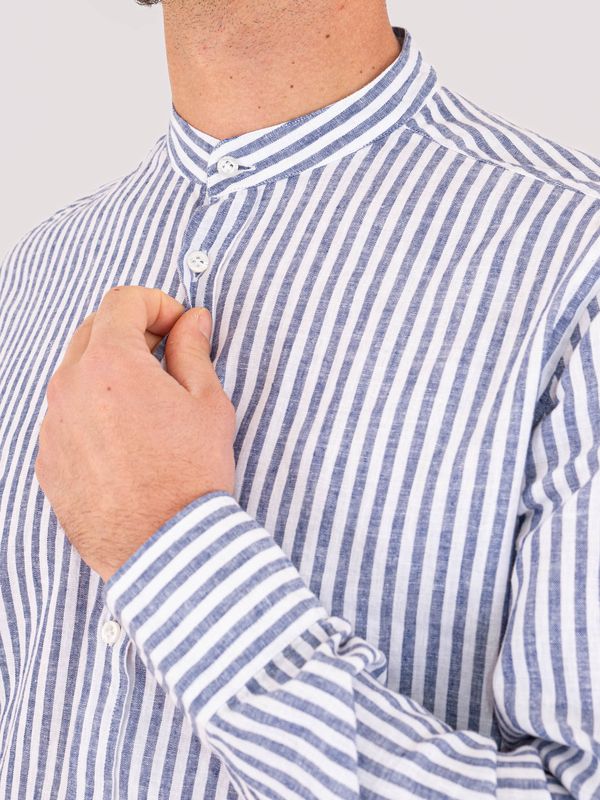 4. Men's Mandarin collar shirt with striped details in a cotton and linen blend Blue Stripes MANUEL RITZ 4032e604l263200