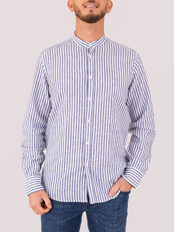 Men's Mandarin collar shirt with striped details in a cotton and linen blend Blue Stripes MANUEL RITZ