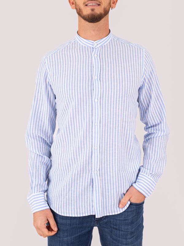 Men's Mandarin collar shirt with striped details in a cotton and linen blend Light Blue Lines MANUEL RITZ