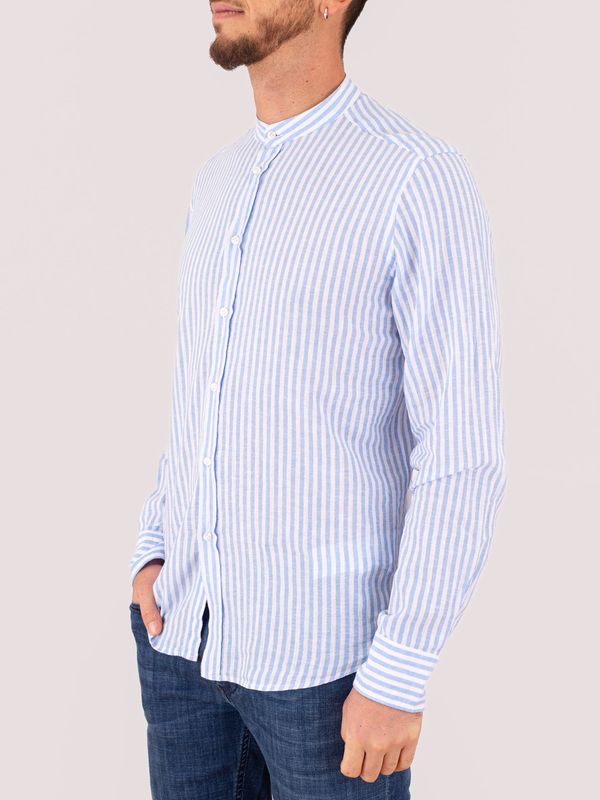 2. Men's Mandarin collar shirt with striped details in a cotton and linen blend Light Blue Lines MANUEL RITZ 4032e604l263200