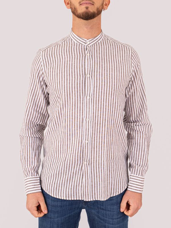 Men's Mandarin collar shirt with striped details in a cotton and linen blend Brown Stripes MANUEL RITZ