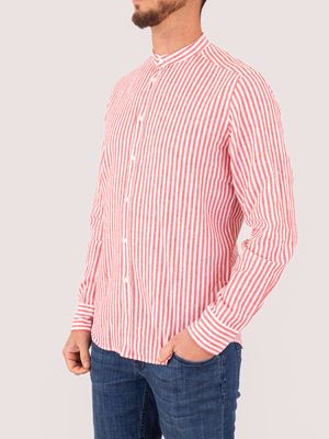 2. Men's Mandarin collar shirt with striped details in a cotton and linen blend Lobster Stripes