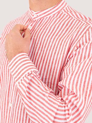 4. Men's Mandarin collar shirt with striped details in a cotton and linen blend Lobster Stripes
