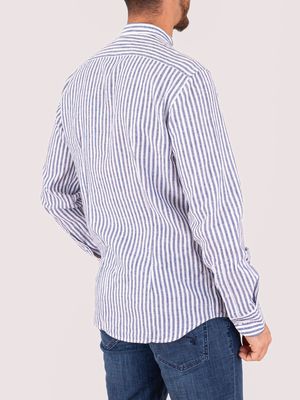 3. Men's Mandarin collar shirt with striped details in a cotton and linen blend Blue Stripes