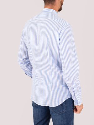 3. Men's Mandarin collar shirt with striped details in a cotton and linen blend Light Blue Lines