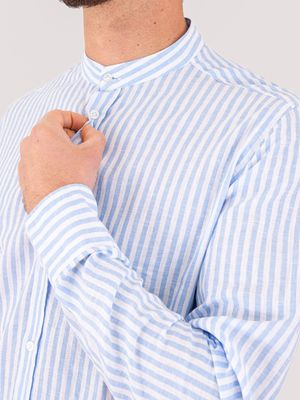 4. Men's Mandarin collar shirt with striped details in a cotton and linen blend Light Blue Lines