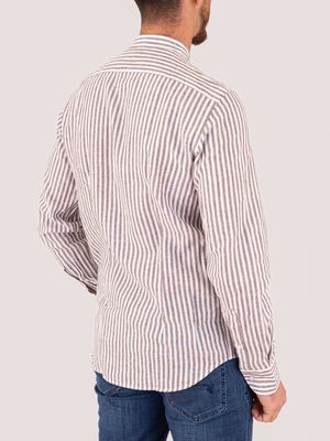 3. Chemise pour homme à col mandarin avec détails rayés, en mélange de coton et de lin Rayures brunes