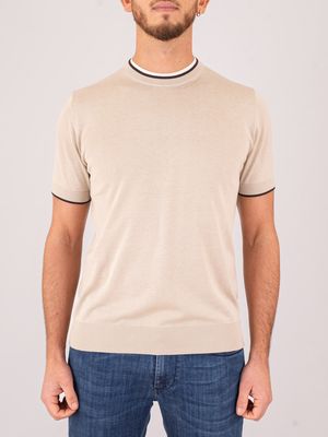 1. T-shirt girocollo uomo Paolo Pecora Milano in misto seta e cotone e dettagli in contrasto Beige