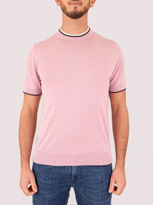 1. T-shirt girocollo uomo Paolo Pecora Milano in misto seta e cotone e dettagli in contrasto Rosa