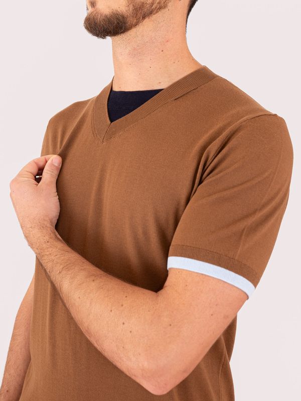 4. Pull homme Paolo Pecora Milano à col V et finitions contrastées Noisette Paolo Pecora Milano a014f100