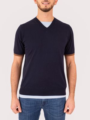 1. Pull homme Paolo Pecora Milano à col V et finitions contrastées Bleu