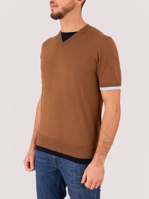 2. Pull homme Paolo Pecora Milano à col V et finitions contrastées Noisette