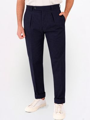 1. Pantalon homme Berwich en mélange de coton avec plis sur le devant Bleu