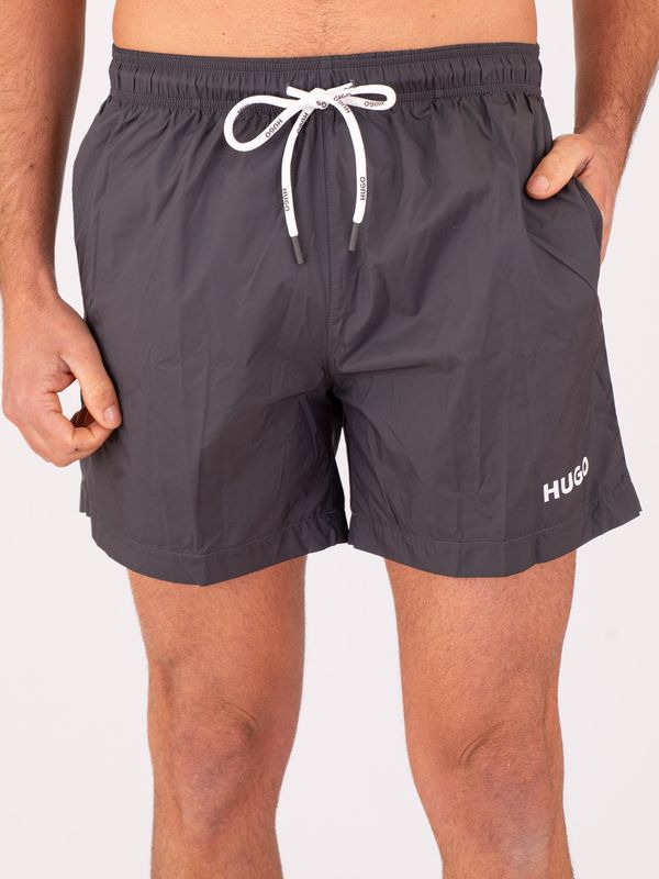 HUGO Men's Swim Boxer Shorts with Contrasting Logo and Quick Drying Grey Hugo
