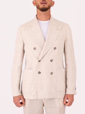 1. Manuel Ritz Men's Double-Breasted Jacket in Light-Textured Linen Light Beige