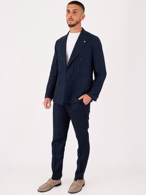 5. Manuel Ritz Men's Double-Breasted Jacket in Light-Textured Linen Blue