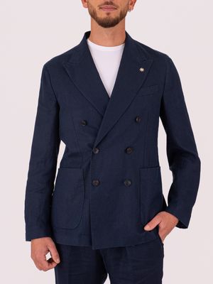 1. Manuel Ritz Men's Double-Breasted Jacket in Light-Textured Linen Blue