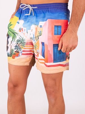 2. Maillot de bain homme Zeybra en tissu technique imprimé paysage méditerranéen Bleu