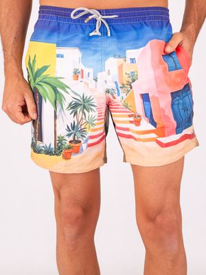 1. Maillot de bain homme Zeybra en tissu technique imprimé paysage méditerranéen Bleu