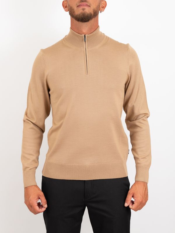 Pull en laine pour homme BOSS, col montant et demi-zip Beige BOSS