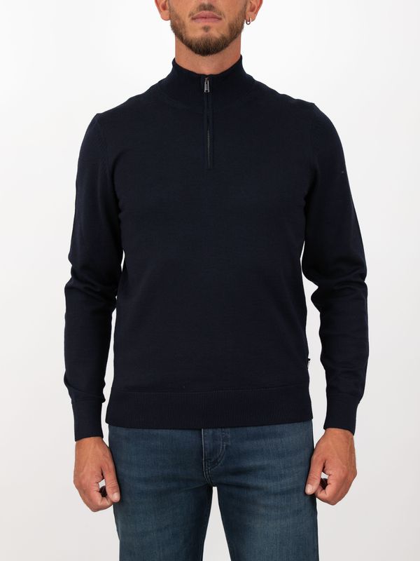 BOSS Men's Wool Sweater with High Neck and Half Zip Blue BOSS