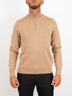 1. Pull en laine pour homme BOSS, col montant et demi-zip Beige