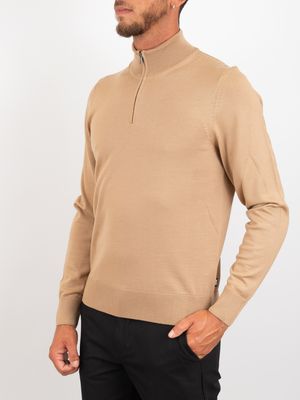 2. Pull en laine pour homme BOSS, col montant et demi-zip Beige