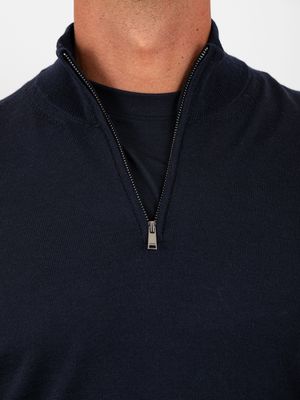 4. BOSS Men's Wool Sweater with High Neck and Half Zip Blue