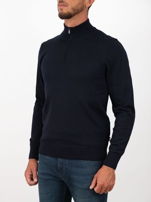2. BOSS Men's Wool Sweater with High Neck and Half Zip Blue