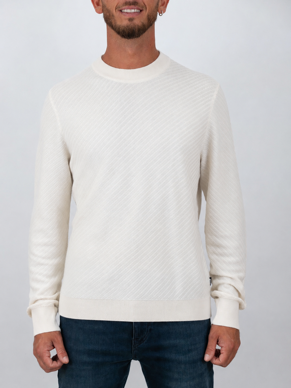 BOSS Men's Crew Neck Cotton Sweater with Jacquard Workmanship White BOSS