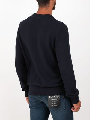3. BOSS Men's Crew Neck Cotton Sweater with Jacquard Workmanship Blue