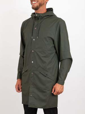 2. Rains Unisex Long Rain Jacket in Waterproof PU Fabric Green