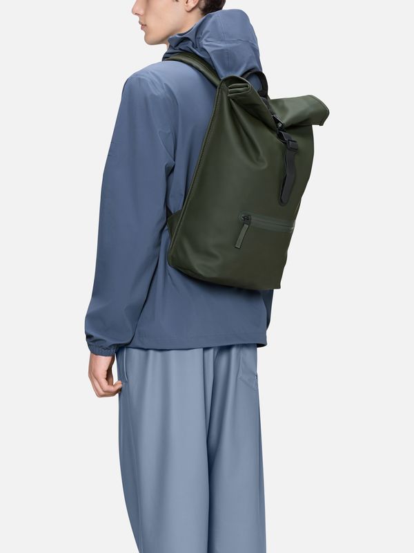 4. Rains Rolltop Rucksack with roll-top opening and carabiner closure Green RAINS 13320